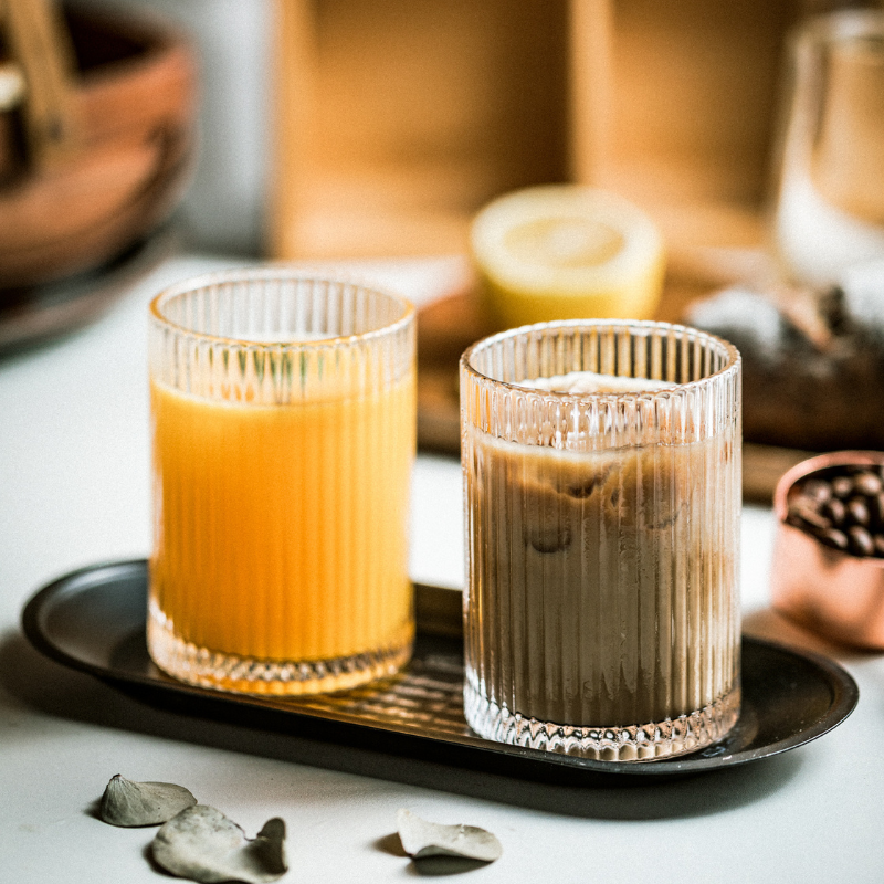 Classic Ribbed Drinking Glass Cups 370ml | Set of 4 | Includes Straws and Coasters