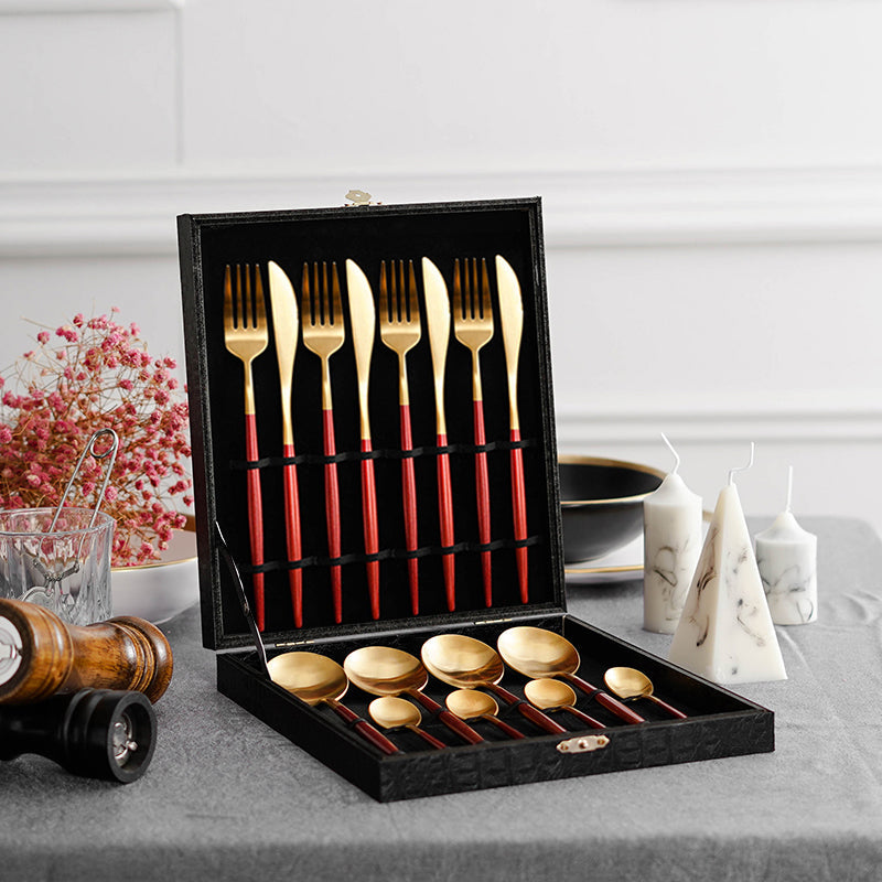 Stainless Steel Titanium Plated Red Golden Flatware Set
