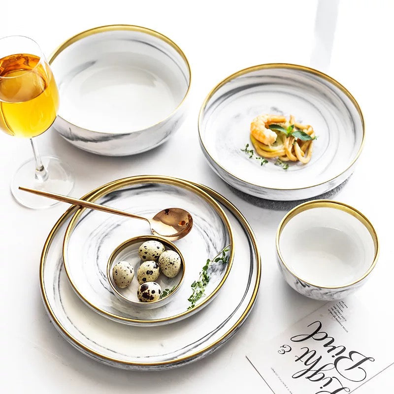 Marble Porcelain Gold Dinnerware, Matte Gray