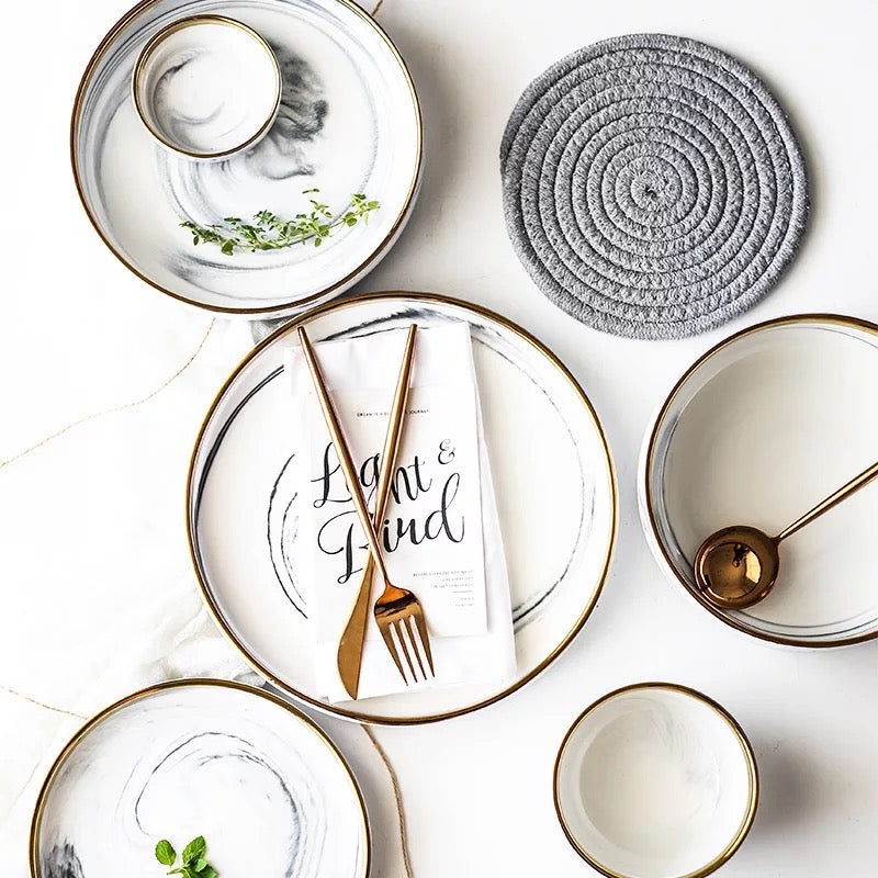 Marble Porcelain Gold Dinnerware, Matte Gray
