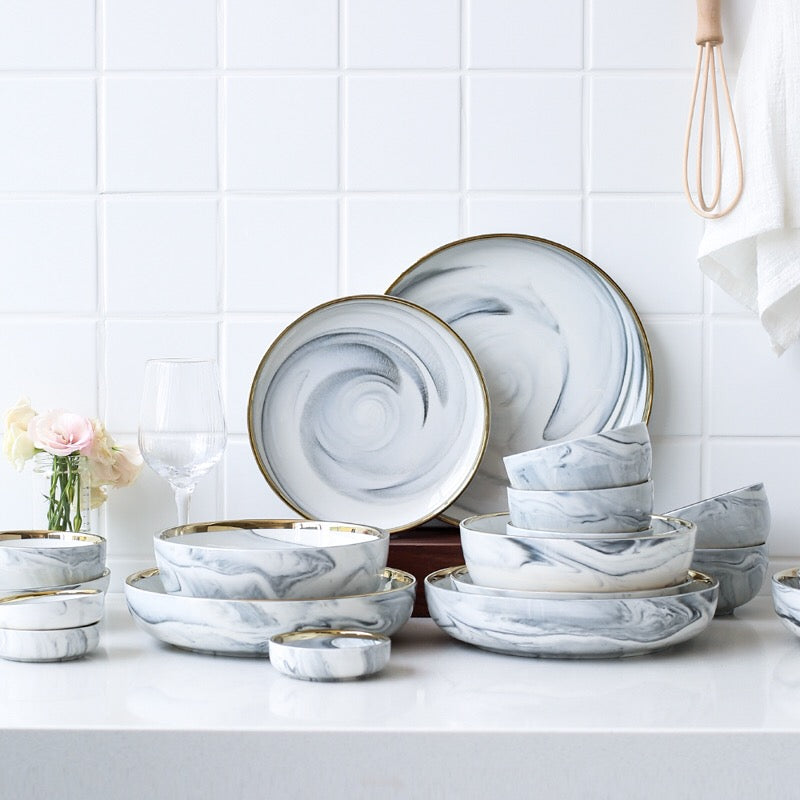 Marble Porcelain Gold Dinnerware, Matte Gray