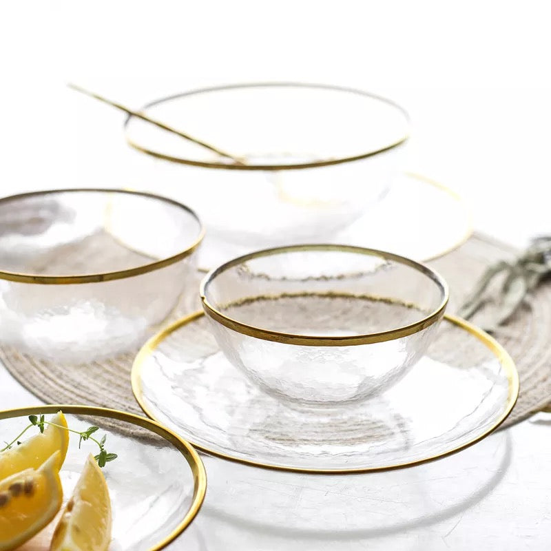 Irregular Gold Inlay Edge Glass Serving Bowls and Plates