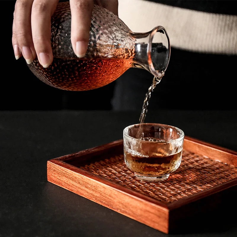 Japanese Sake Set for 4, Glass Hammer Pattern, 1 Cyrstal Clear Sake Bottle and 4 Sake Cups