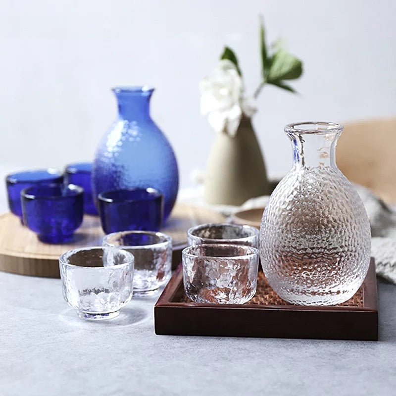 Japanese Sake Set for 4, Glass Hammer Pattern, 1 Cyrstal Clear Sake Bottle and 4 Sake Cups