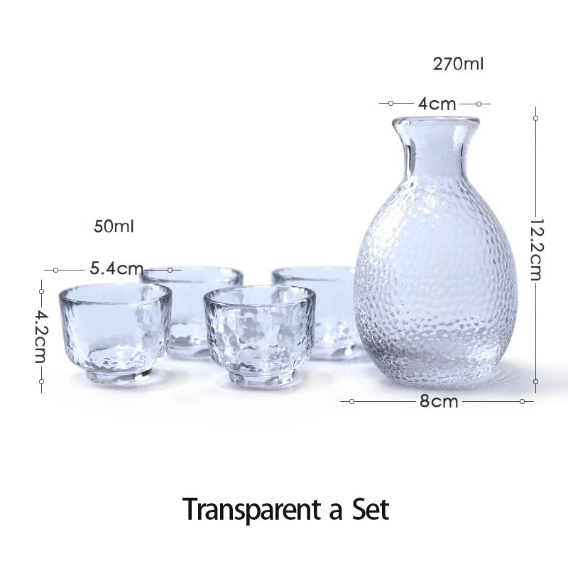 Japanese Sake Set for 4, Glass Hammer Pattern, 1 Cyrstal Clear Sake Bottle and 4 Sake Cups