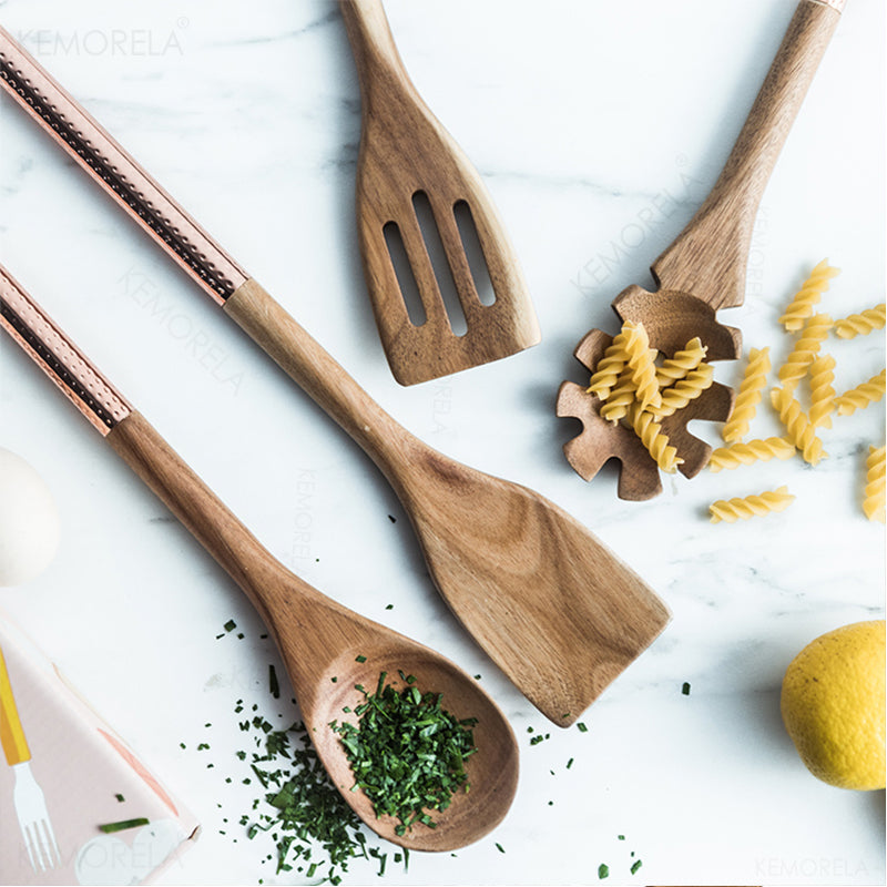 Wooden Cooking Utensils Set with Pink Rose Gold Handles