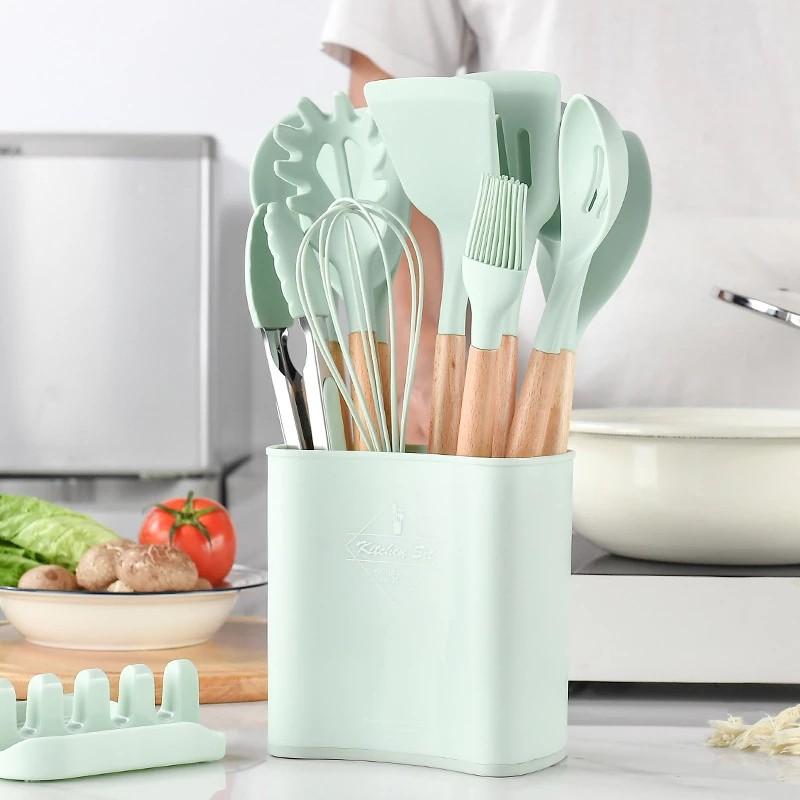 13Pcs Silicone Cooking Utensils Wooden Handle With Stainless Steel Storage Box, Nonstick Cookware (BPA Free)