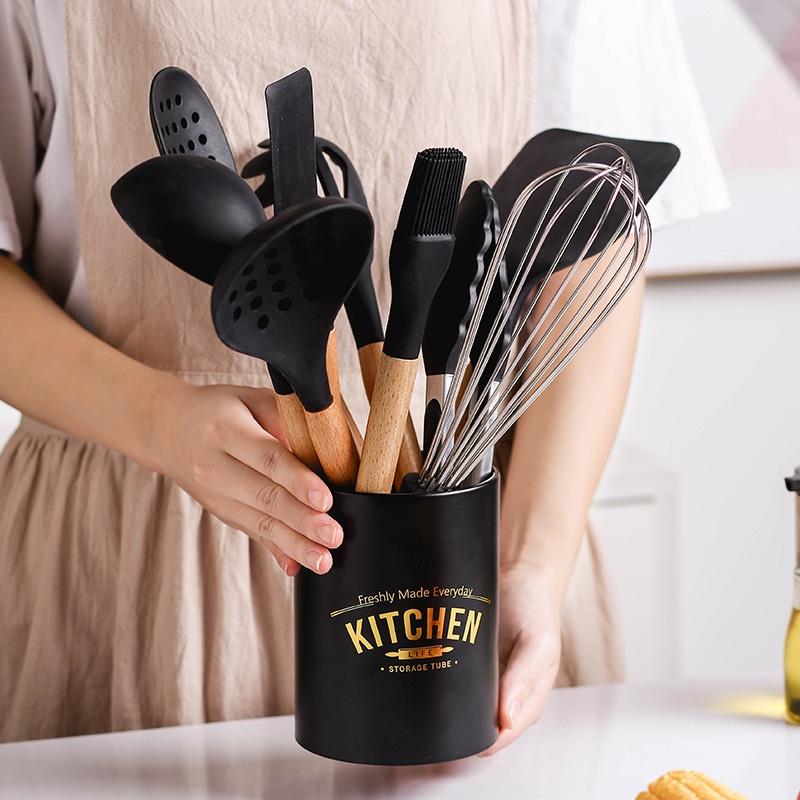 White/Black Silicone Cooking Utensils with Wooden Handles for Nonstick Cookware