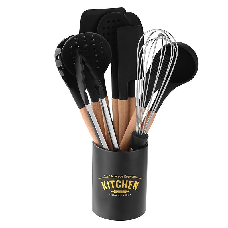 White/Black Silicone Cooking Utensils with Wooden Handles for Nonstick Cookware