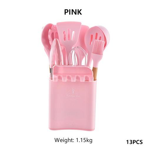 13Pcs Silicone Cooking Utensils Wooden Handle With Stainless Steel Storage Box, Nonstick Cookware (BPA Free)