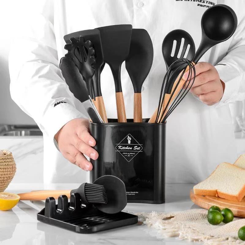13Pcs Silicone Cooking Utensils Wooden Handle With Stainless Steel Storage Box, Nonstick Cookware (BPA Free)