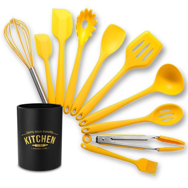 Yellow Kitchen Utensil Set, Stainless Steel & Silicone Heat Resistant Professional Cooking Tools (BPA Free)