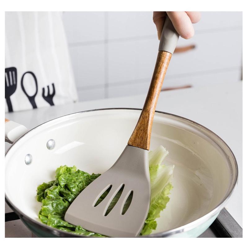 Gray Silicone Cooking Utensils with Wooden Handles (BPA Free)
