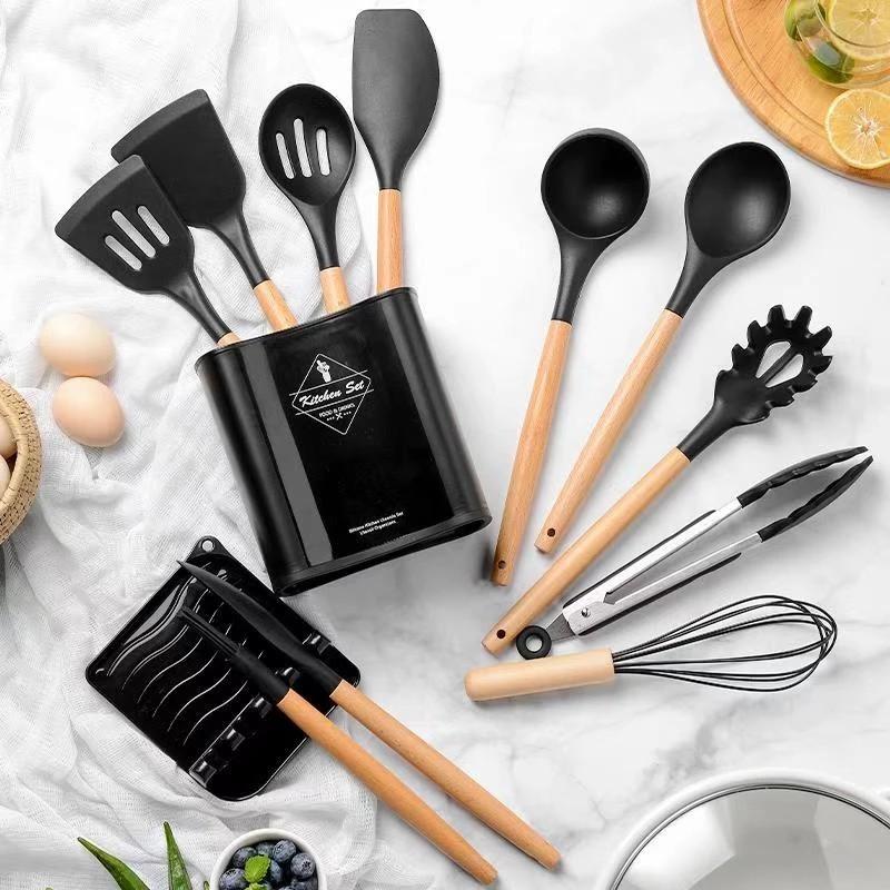 13Pcs Silicone Cooking Utensils Wooden Handle With Stainless Steel Storage Box, Nonstick Cookware (BPA Free)