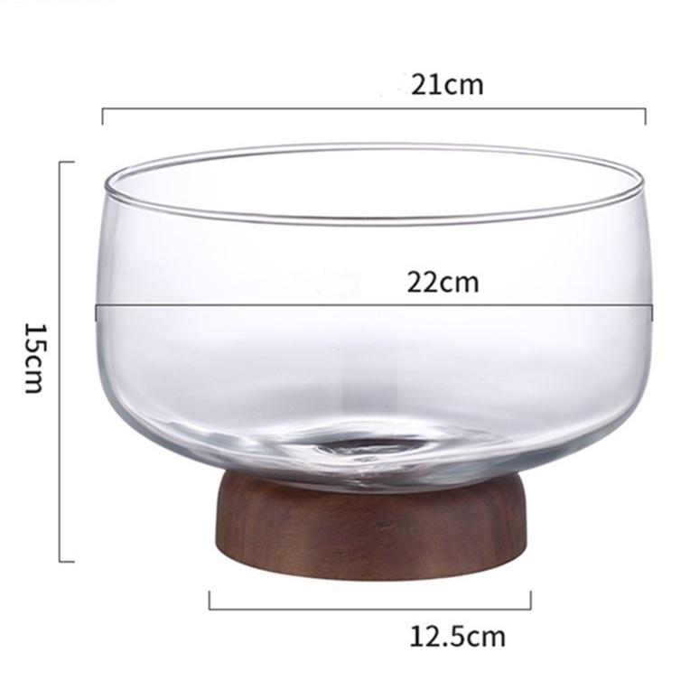 Large Glass Fruit Bowl - Clear Borosilicate Glass Fruit Bowl with Tray Wooden Base