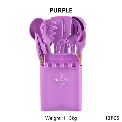13Pcs Silicone Cooking Utensils Wooden Handle With Stainless Steel Storage Box, Nonstick Cookware (BPA Free)