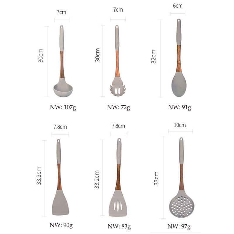 Gray Silicone Cooking Utensils with Wooden Handles (BPA Free)