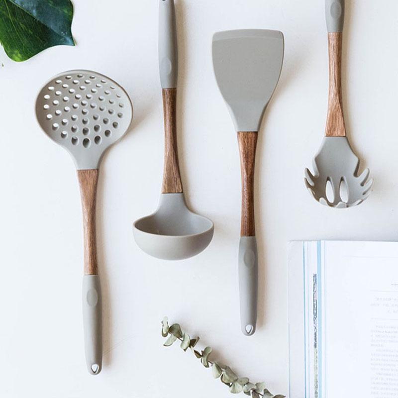 Gray Silicone Cooking Utensils with Wooden Handles (BPA Free)