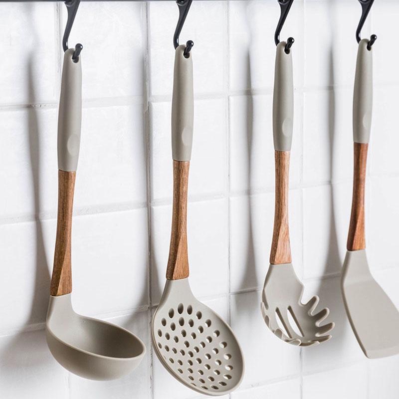 Gray Silicone Cooking Utensils with Wooden Handles (BPA Free)