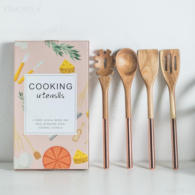 Wooden Cooking Utensils Set with Pink Rose Gold Handles