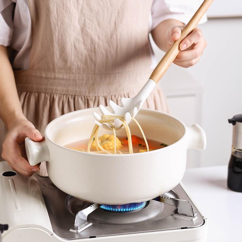 White/Black Silicone Cooking Utensils with Wooden Handles for Nonstick Cookware