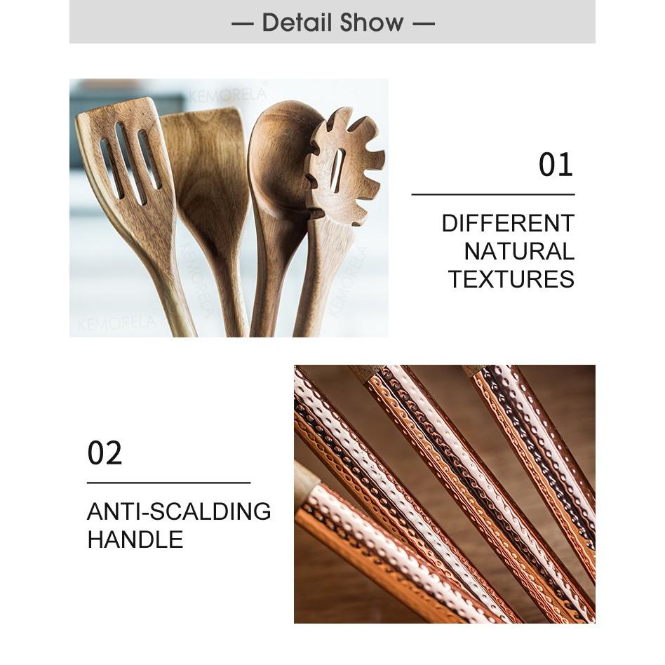 Wooden Cooking Utensils Set with Pink Rose Gold Handles