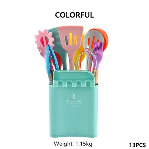 13Pcs Silicone Cooking Utensils Wooden Handle With Stainless Steel Storage Box, Nonstick Cookware (BPA Free)