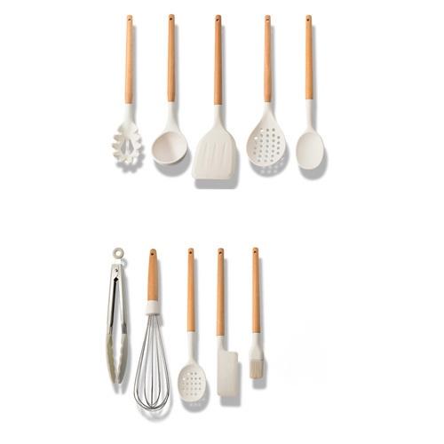 White/Black Silicone Cooking Utensils with Wooden Handles for Nonstick Cookware