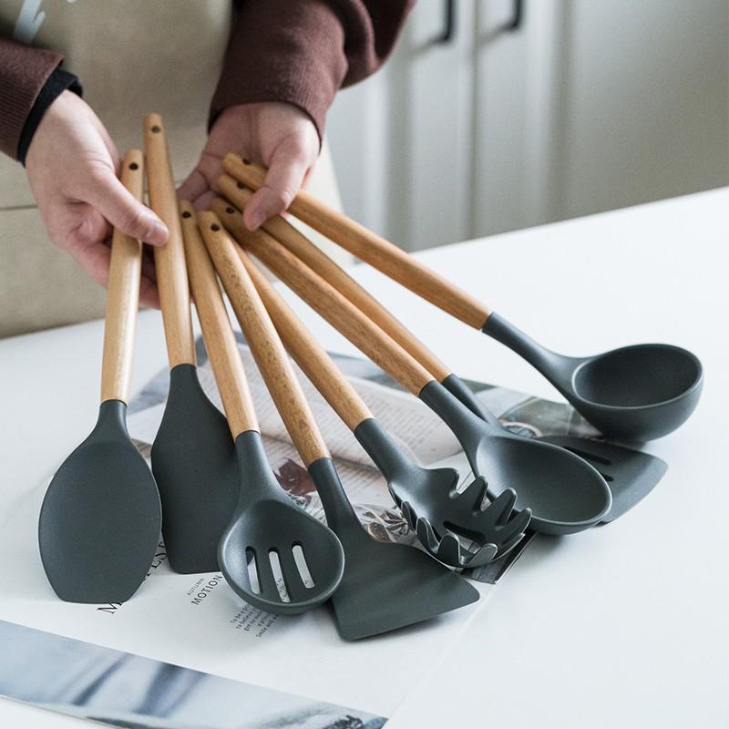 12Pcs Silicone Cooking Utensils Wooden Handle With Stainless Steel Storage Box, Nonstick Cookware (BPA Free)