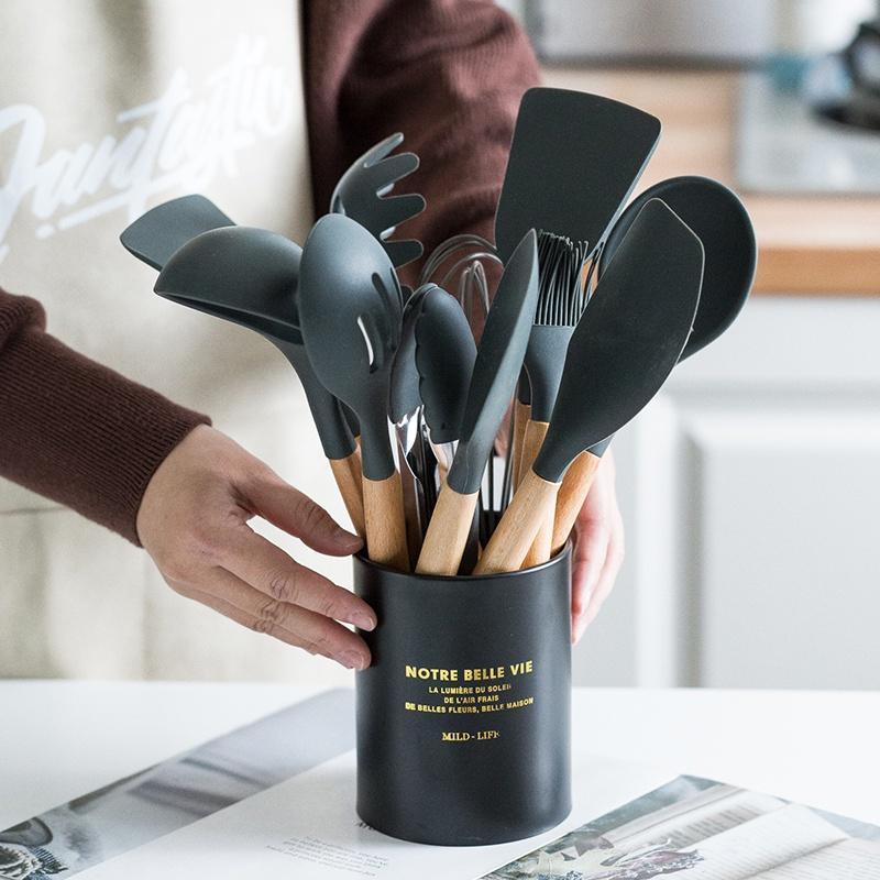 12Pcs Silicone Cooking Utensils Wooden Handle With Stainless Steel Storage Box, Nonstick Cookware (BPA Free)
