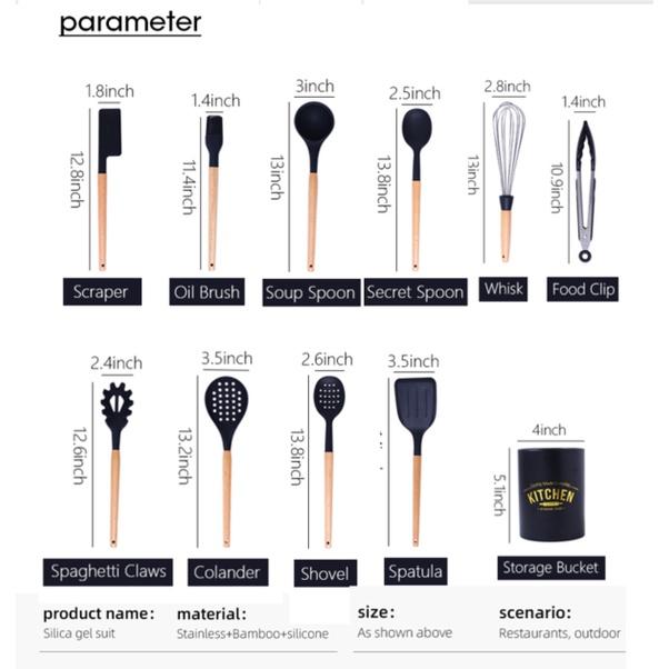 White/Black Silicone Cooking Utensils with Wooden Handles for Nonstick Cookware