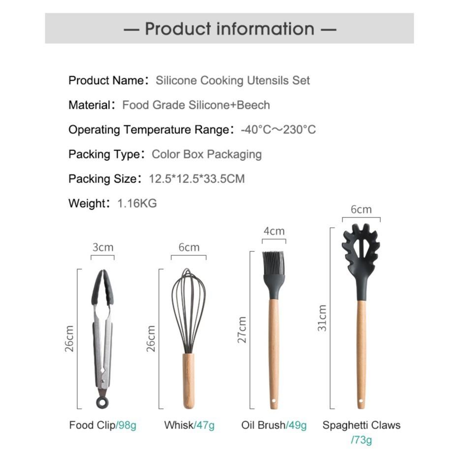 12Pcs Silicone Cooking Utensils Wooden Handle With Stainless Steel Storage Box, Nonstick Cookware (BPA Free)
