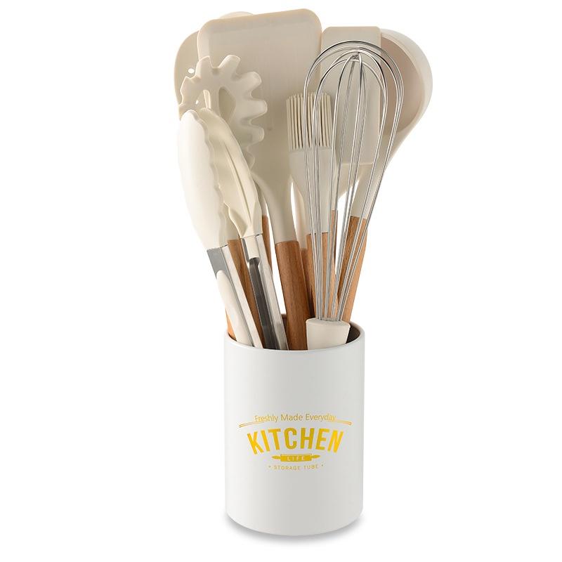 White/Black Silicone Cooking Utensils with Wooden Handles for Nonstick Cookware