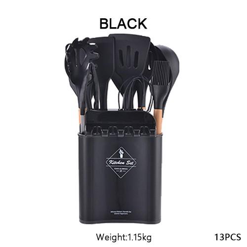 13Pcs Silicone Cooking Utensils Wooden Handle With Stainless Steel Storage Box, Nonstick Cookware (BPA Free)