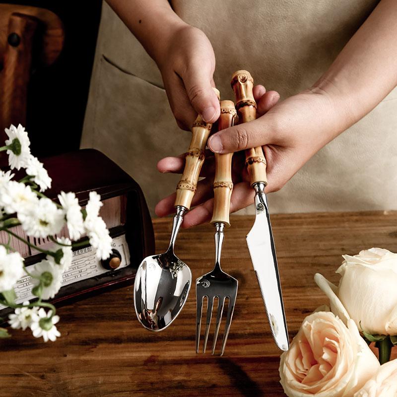 Bamboo Flatware Sets Stainless Steel Cutlery, Naturally Handmade
