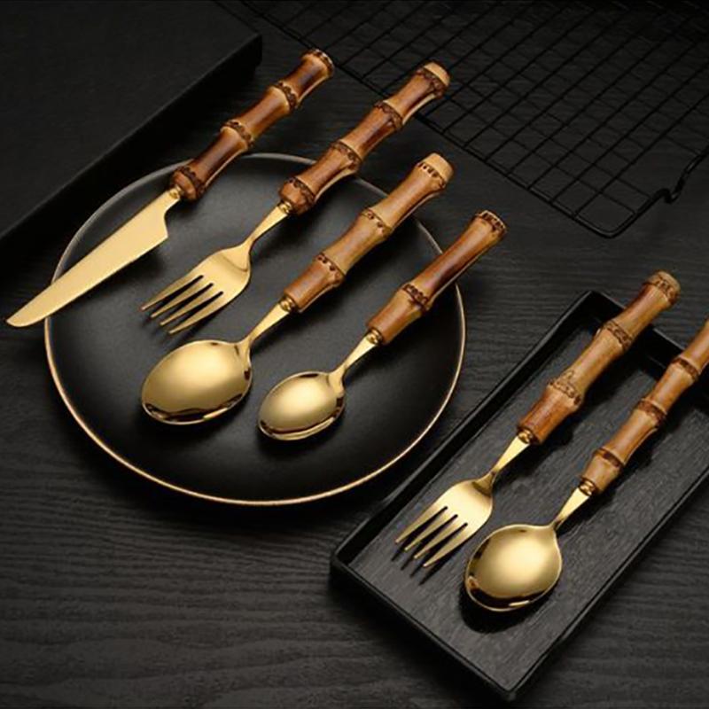 Bamboo Flatware Sets Stainless Steel Cutlery, Naturally Handmade