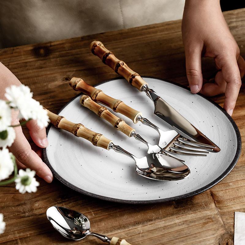 Bamboo Flatware Sets Stainless Steel Cutlery, Naturally Handmade