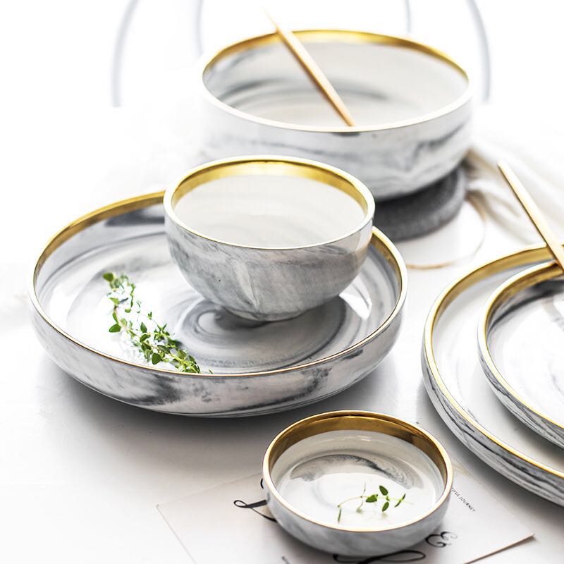 Marble Porcelain Gold Dinnerware, Matte Gray