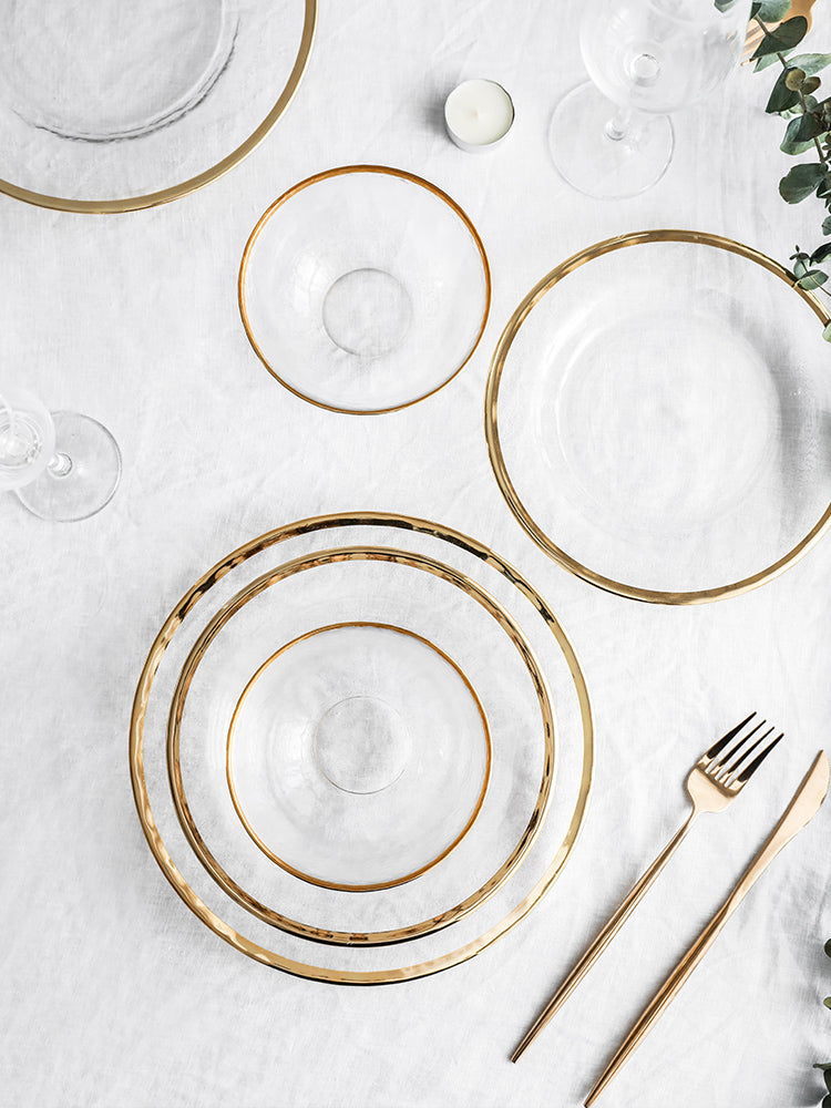 Irregular Gold Inlay Edge Glass Serving Bowls and Plates