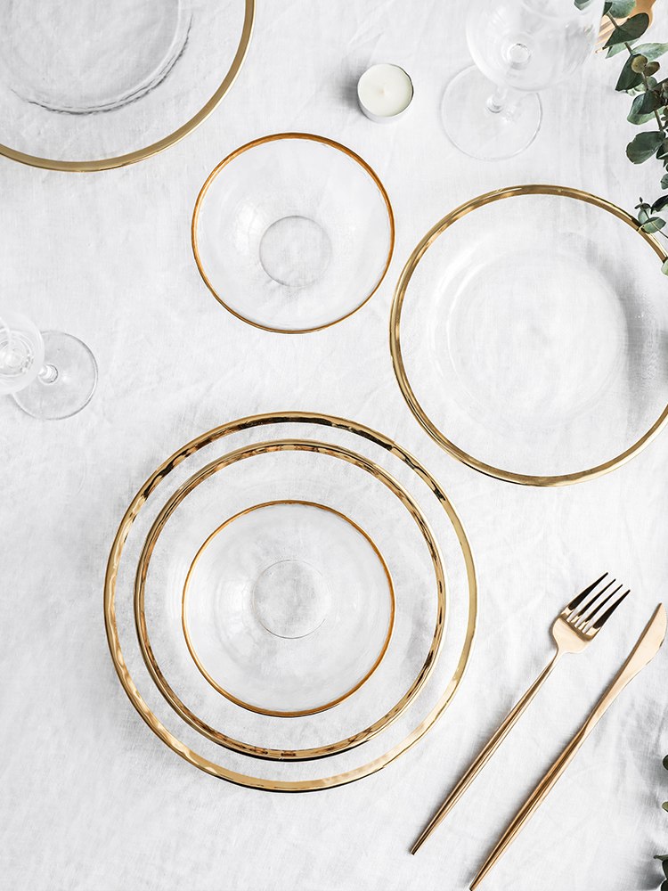 Irregular Gold Inlay Edge Glass Serving Bowls and Plates