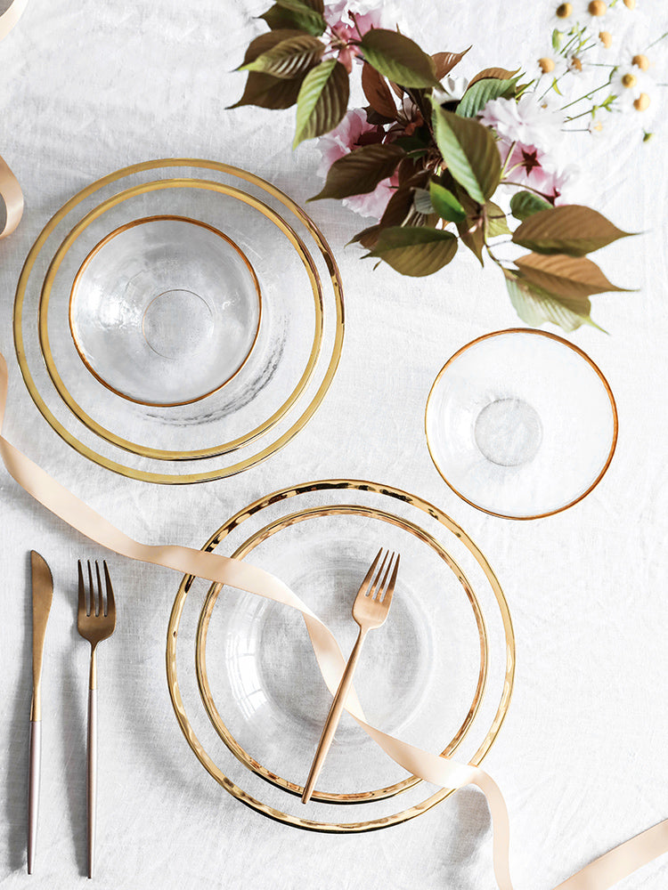 Irregular Gold Inlay Edge Glass Serving Bowls and Plates