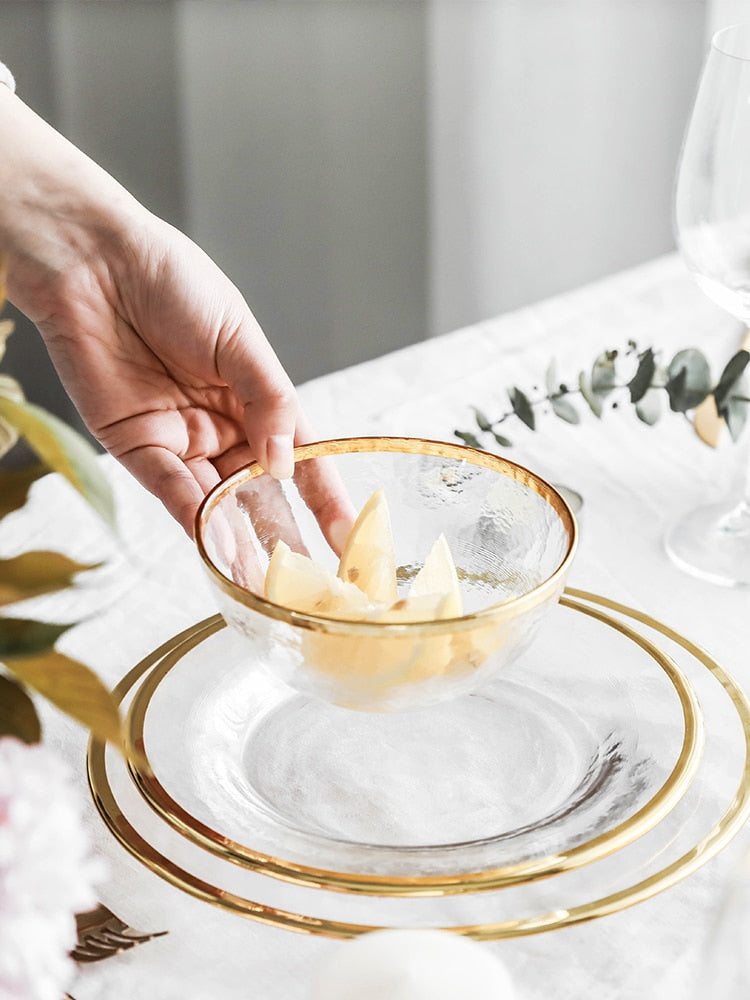 Irregular Gold Inlay Edge Glass Serving Bowls and Plates
