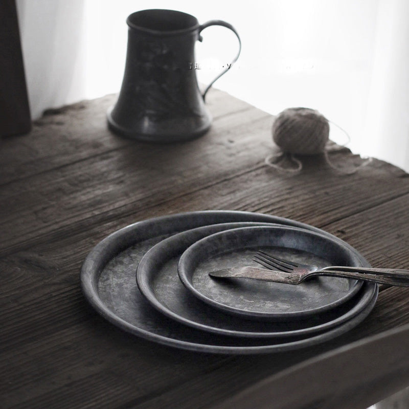 Iron Craft Storage Serving Tray, Antique Metal Round Tray