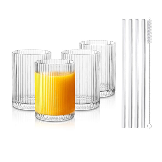 Classic Ribbed Drinking Glass Cups 280ml |Set of 4 | Includes Straws and Coasters