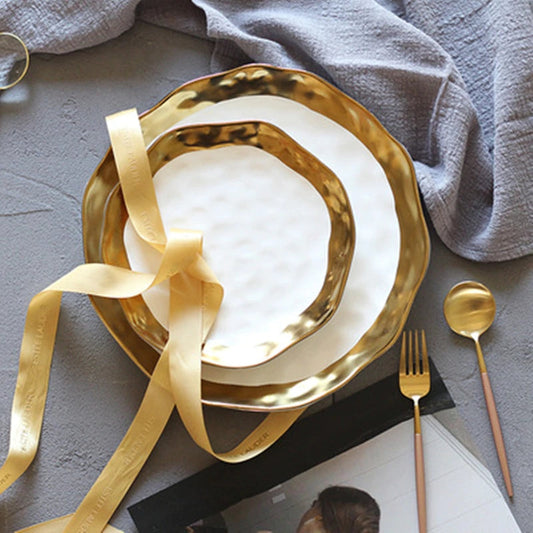 Ceramic Dinner Plates, Nordic Style Marble Gold Inlay Dinner Plates