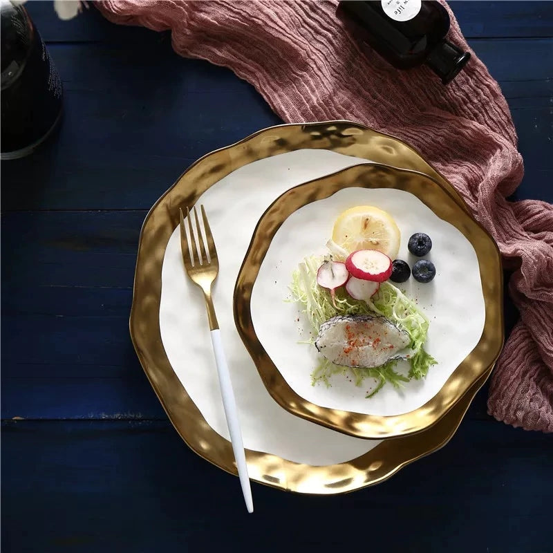 Ceramic Dinner Plates, Nordic Style Marble Gold Inlay Dinner Plates