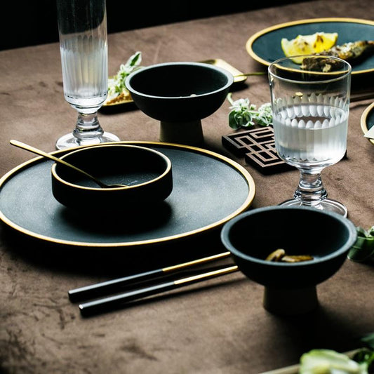 Ceramic Gold Inlay Plates Steak Food Dish Nordic Style Retro Tableware Bowl Ins Dinner Plate Cup High End Dinnerware Set