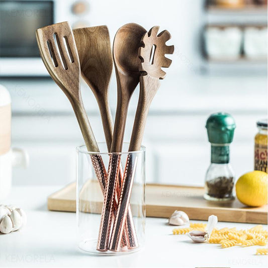 Wooden Cooking Utensils Set with Pink Rose Gold Handles