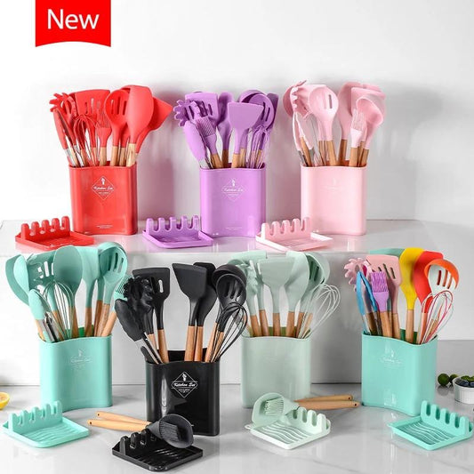 13Pcs Silicone Cooking Utensils Wooden Handle With Stainless Steel Storage Box, Nonstick Cookware (BPA Free)