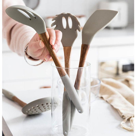 Gray Silicone Cooking Utensils with Wooden Handles (BPA Free)